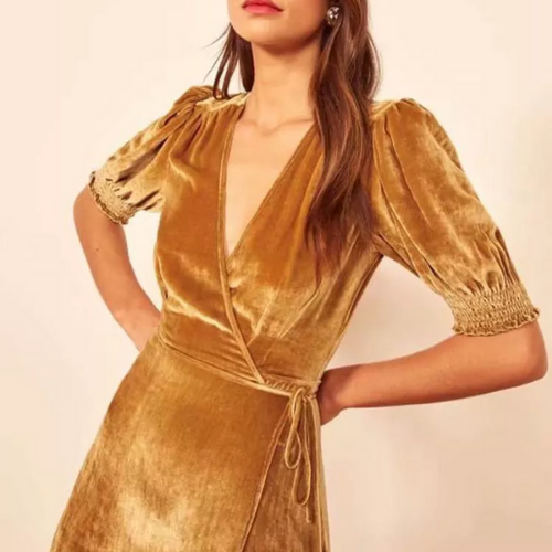 robe longue jaune velours chic femme tenue de fêtes