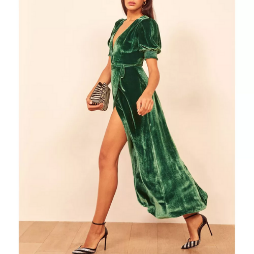 robe longue verte velours chic femme robe nouvel an