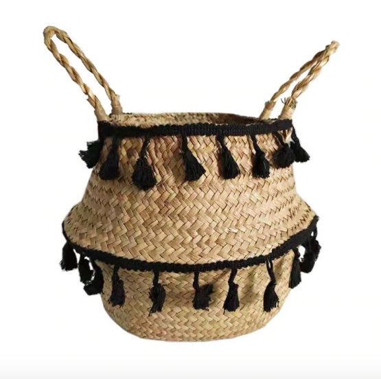 Panier jonc de mer tressé glands noir