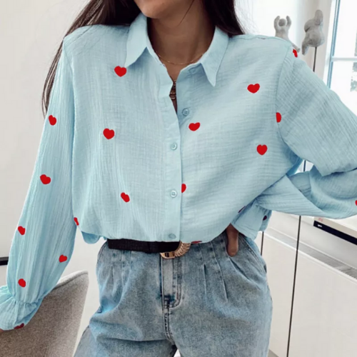 chemisier bleu imprimé coeurs gaze de coton