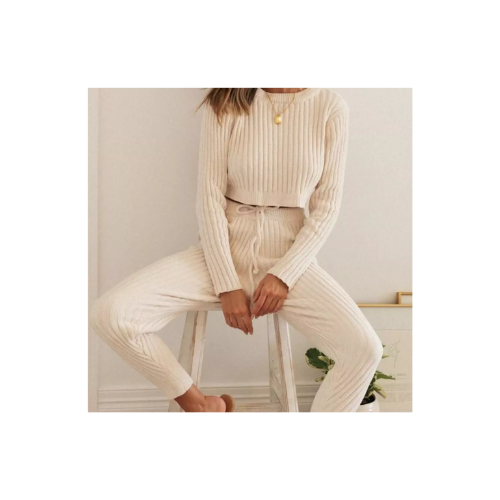 ensemble pull pantalon jogging en laine tricoté blanc écru femme pyjama