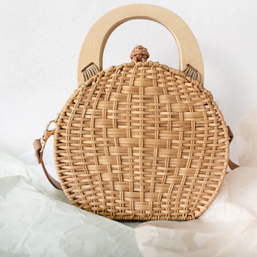 Sac rond rotin naturel avec poignée bois femme