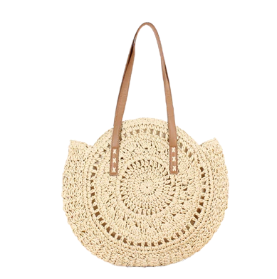 Grand sac rond paille tissé beige à détails brodés