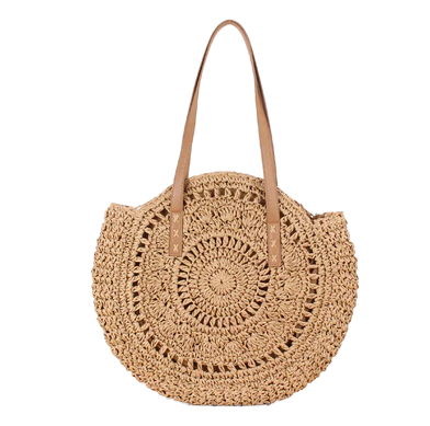 Grand sac rond paille tissé brown à détails brodés