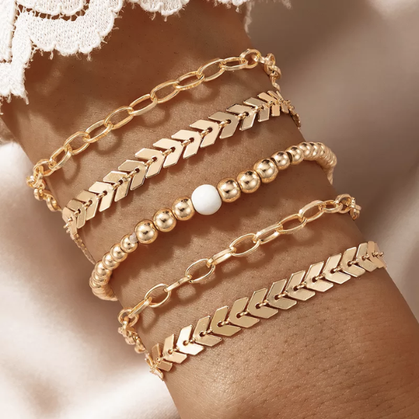 set multi bracelets dorés bohème chic feuille dor