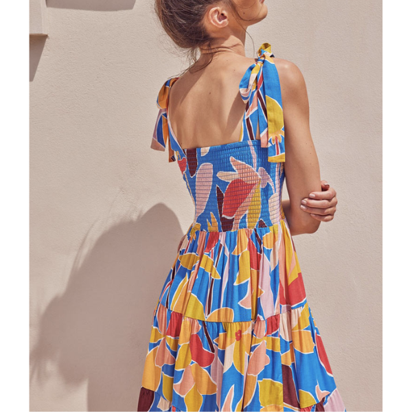 robe longue imprimée bleue à bretelles femme