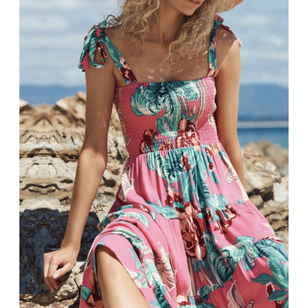 robe longue imprimée rose à bretelles mode femme