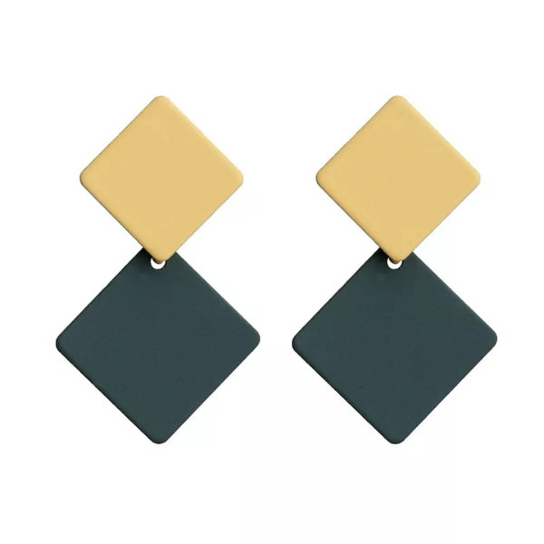 boucles doreilles pendantes carrées dorées et vertes géométrique