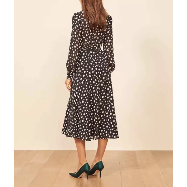robe longue noire à pois croisée portefeuille femme