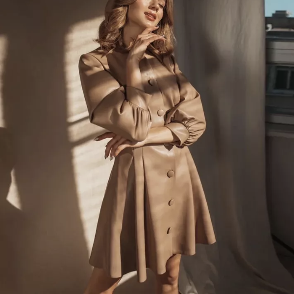 robe tendance cuir pu beige camel femme automne hiver 2022