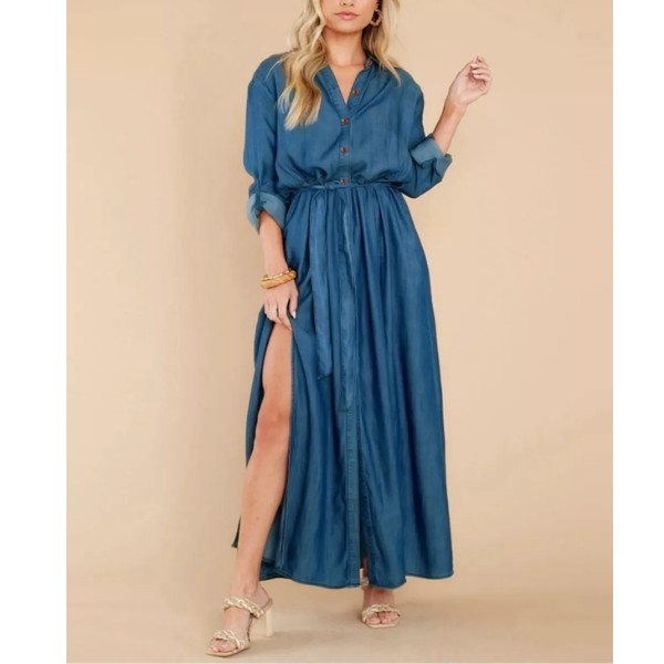 robe longue en jean bleu femme à manches longues