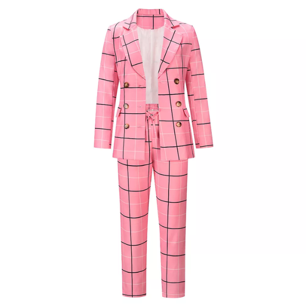 ensemble blazer pantalon chic femme rose à carreaux