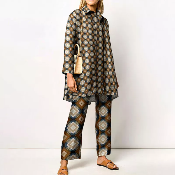 ensemble veste pantalon chic femme imprimé marron
