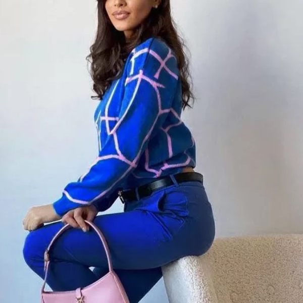 pull chic bleu électrique col rond imprimé femme
