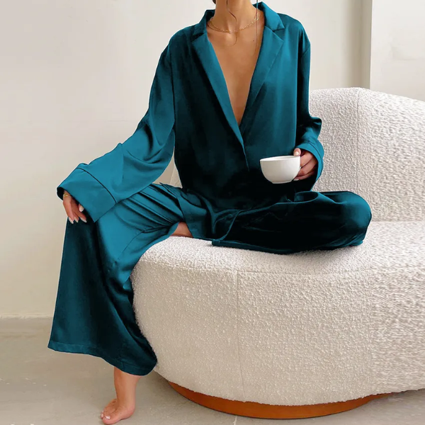 pyjama bleu canard en satin femme