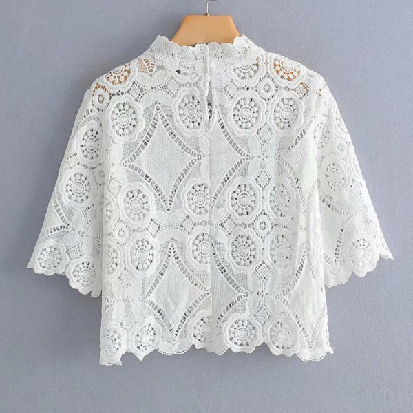 top blanc dentelle ajouré fleuri femme