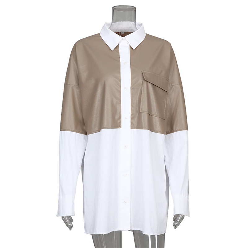 Chemisier-Patchwork-en-cuir-PU-pour-femmes-ample-poches-coton-chemise-longue-blanche-chemisiers-et-Tops
