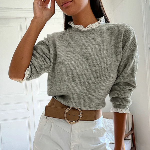 pull gris dentelle blanche femme