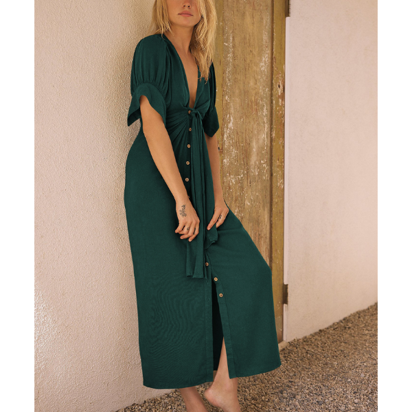 robe longue verte boutonnée