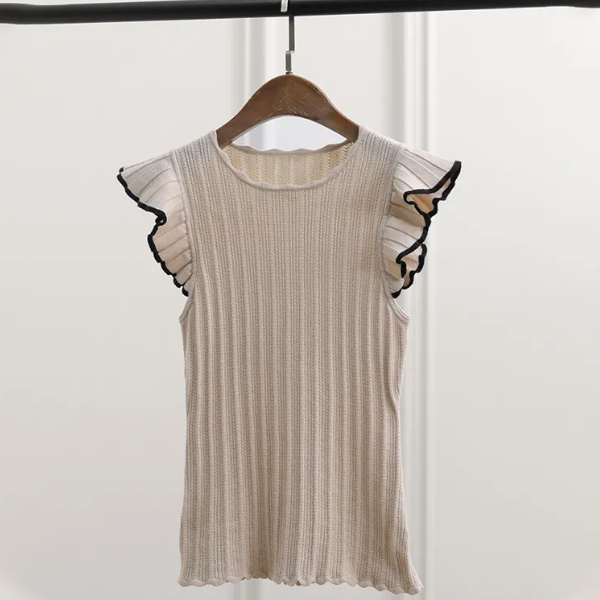 top beige tricoté à volants femme