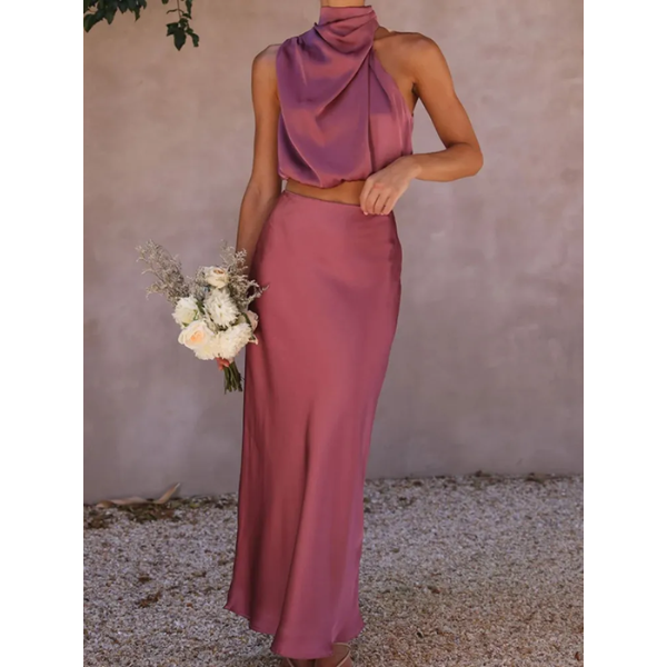 robe longue satin vieux rose ventre nu