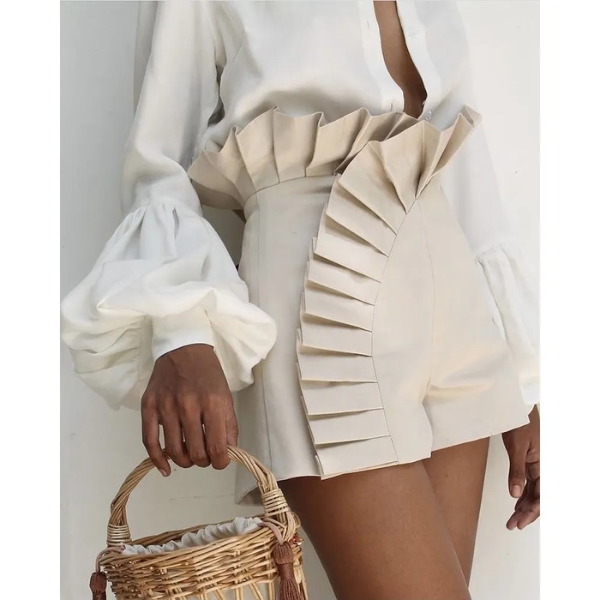 short beige taille haute à volants femme