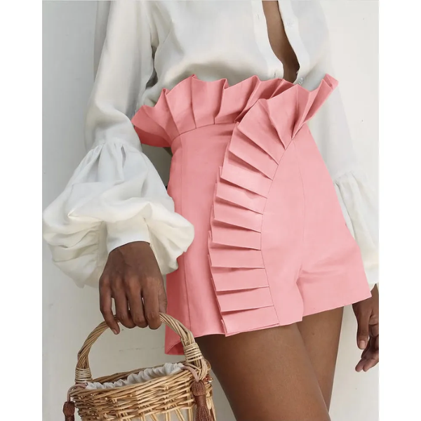 short rose taille haute à volants femme