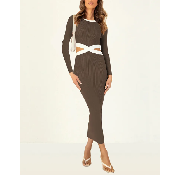 robe longue moulante ajourée à manches longues marron femme