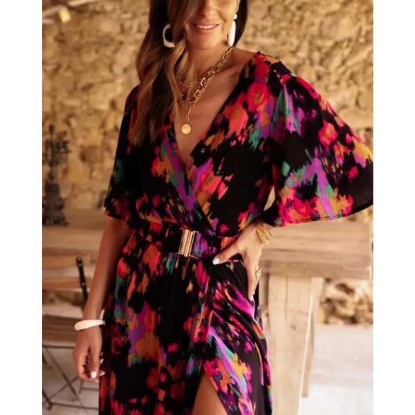 robe longue imprimée tendance à manches courtes