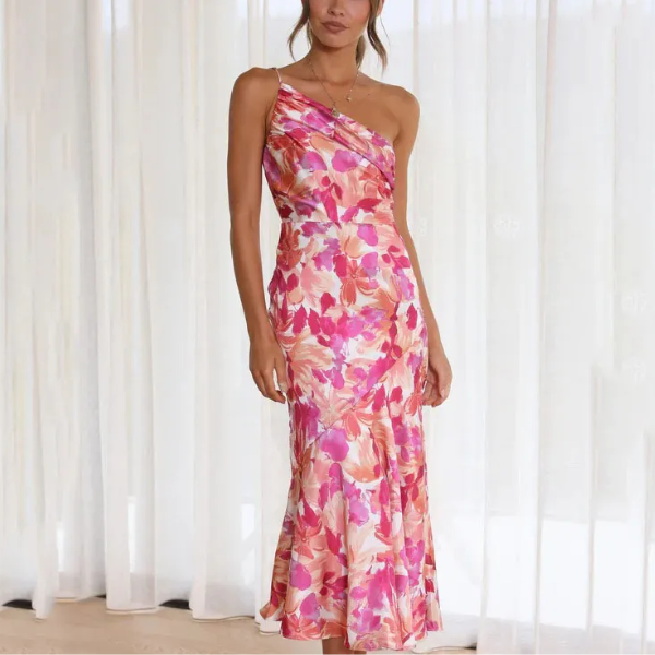 robe asymétrique rose mi longue