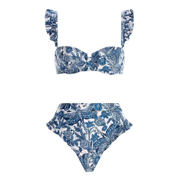 maillot de bain imprimé vintage à volants 2 pièces bleu