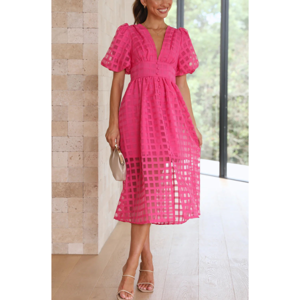 robe de soirée vintage rose fushia à manches bouffantes