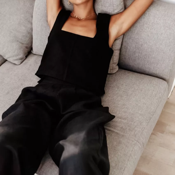 ensemble deux pièces noir en lin tendance femme