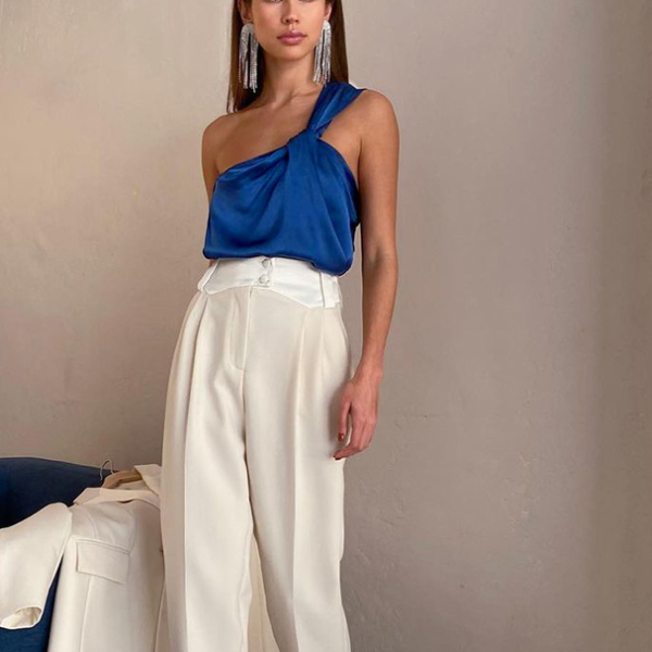 top court en satin bleu femme asymétrique