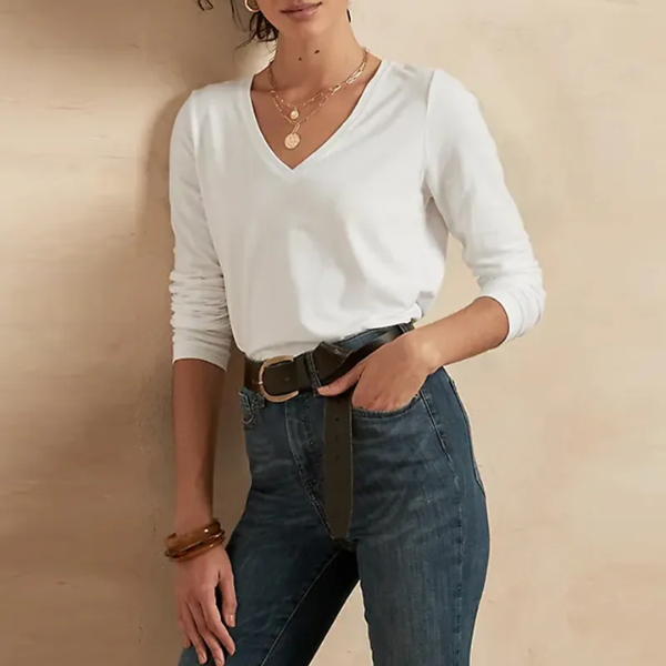 T-shirt à manches longues blanc col V femme
