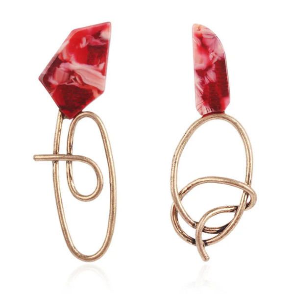 boucles doreilles spirales géomatrique acrylique rouge et or