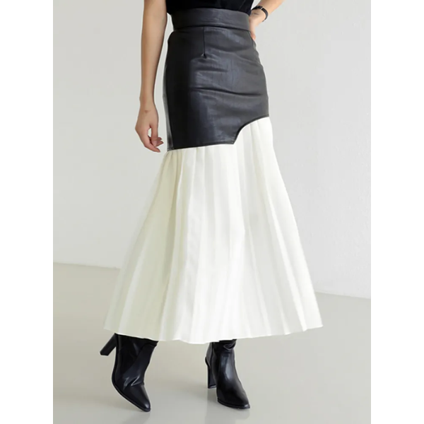 jupe longue plissée en cuir blanc femme