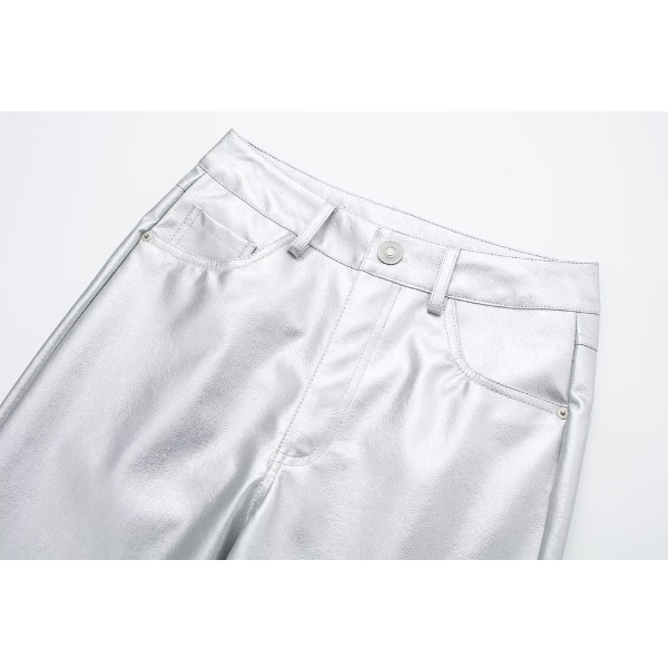 Pantalon en PU argenté brillant pour femme taille haute