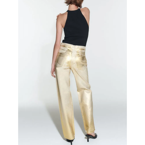 Jean Taille Haute doré jambes larges Denim pour Femme