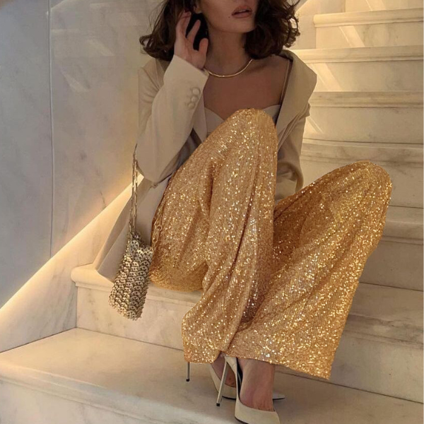pantalon à paillettes doré femme