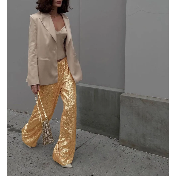 pantalon à paillettes strass or doré femme