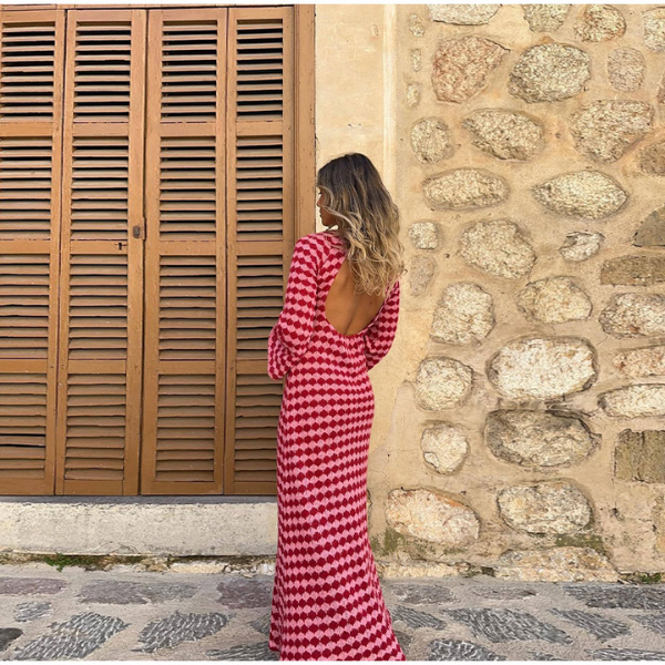 Robe longue dos nu imprimée en laine tricotée femme rose