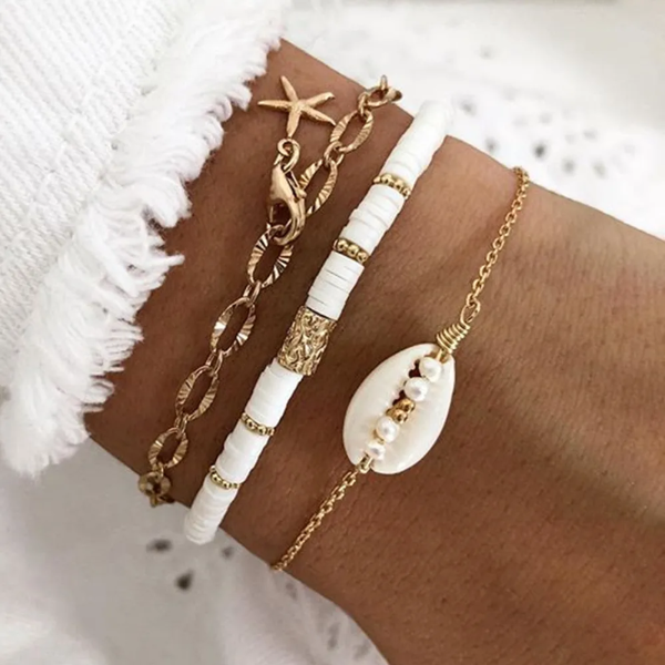 Bracelet en perles blanches en polymère souple pour femme coquillage