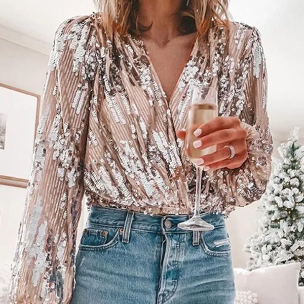 chemisier col v à paillettes femme soirée pas cher tendance