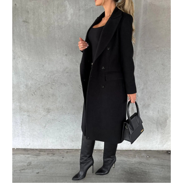 Manteau long en laine droit noir pas cher pour femme