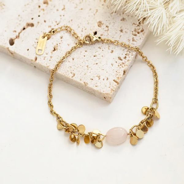 bracelet pierre naturelle quartz rose acier inoxydable femme