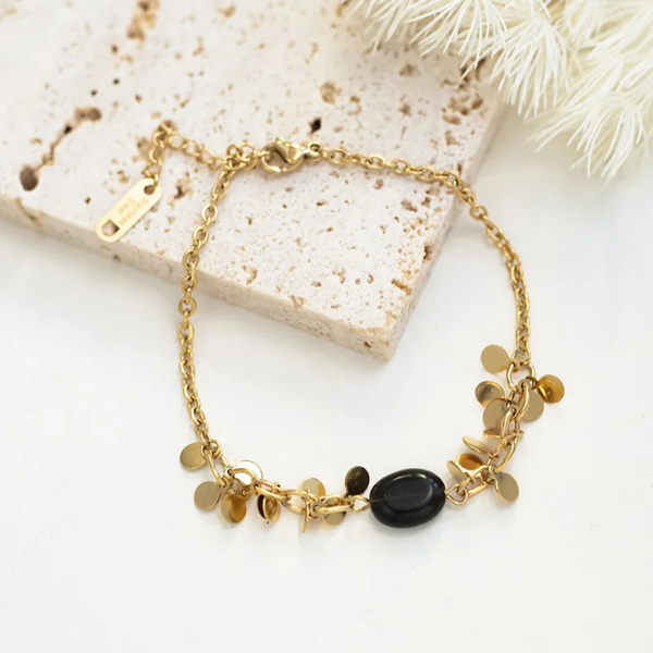bracelet pierre naturelle noire acier inoxydable femme