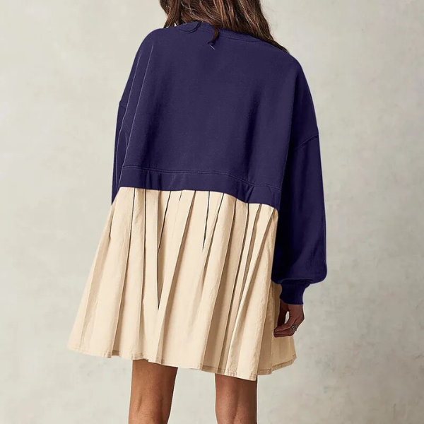 Mini robe plissée patchwork à manches longues bicolore pour femme