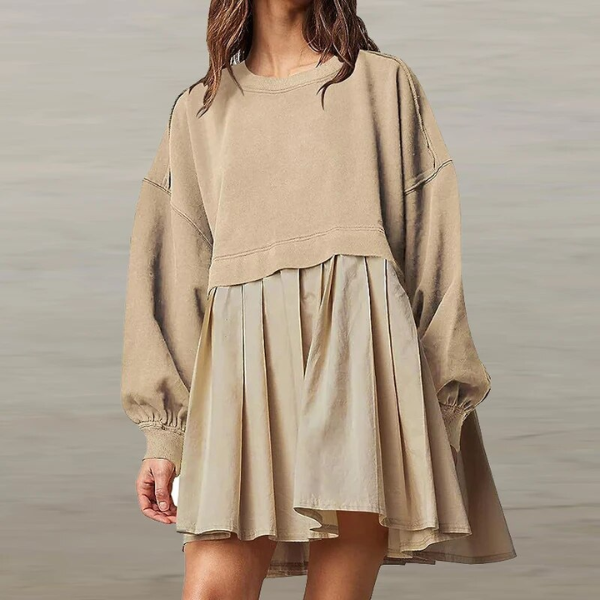 Mini robe plissée patchwork à manches longues beige pour femme