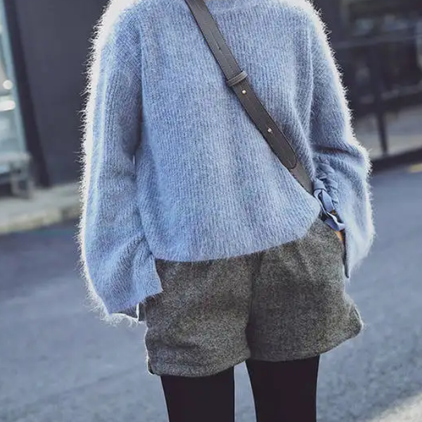 Short en laine élastique taille haute pour femme gris